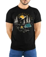 Sunset Camping Scene T-Shirt Cozy Campfire Forest Tee - model wearing black shirt, hands behind back