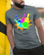 Neon Bowling Strike Graphic T-Shirt Soft Cotton - model in grey shirt leaning against column