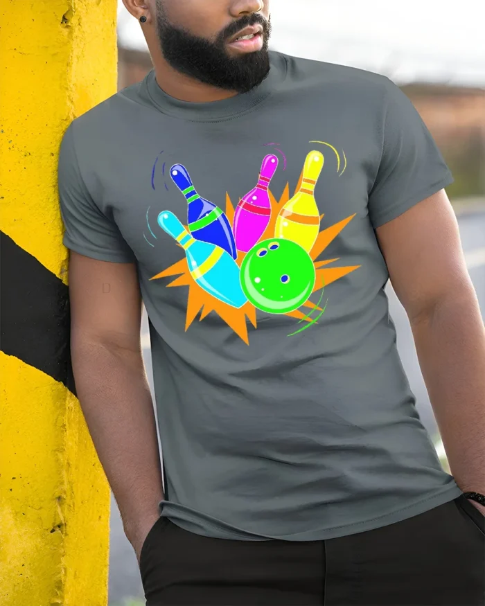 Neon Bowling Strike Graphic T-Shirt Soft Cotton - model in grey shirt leaning against column