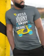 Life Is a Journey Enjoy the Ride Scooter T-Shirt - model in grey shirt leaning against column