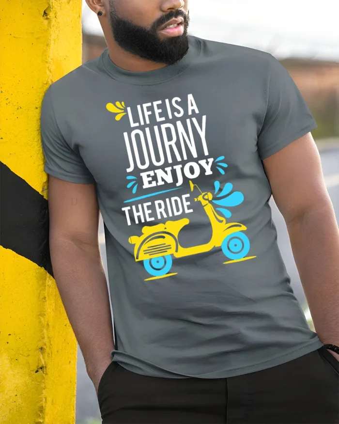 Life Is a Journey Enjoy the Ride Scooter T-Shirt - model in grey shirt leaning against column