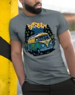 Adventure Van T-Shirt Retro Camping Tee for Nature Lovers - model in grey shirt leaning against column