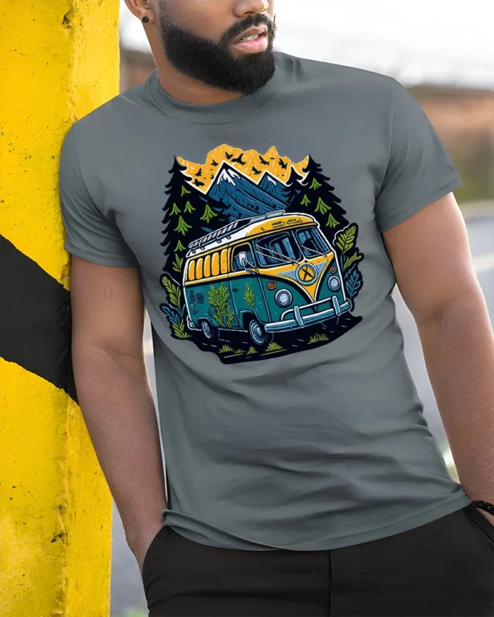 Adventure Van T-Shirt Retro Camping Tee for Nature Lovers - model in grey shirt leaning against column