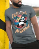 Chill Mode Activated T-Shirt Funny Relaxed Panda Tee - model in grey shirt leaning against column