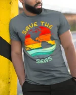 Save the Seas T-Shirt Eco Earth Ocean Conservation Tee - model in grey shirt leaning against column