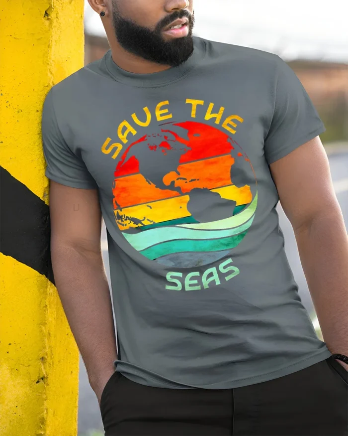 Save the Seas T-Shirt Eco Earth Ocean Conservation Tee - model in grey shirt leaning against column
