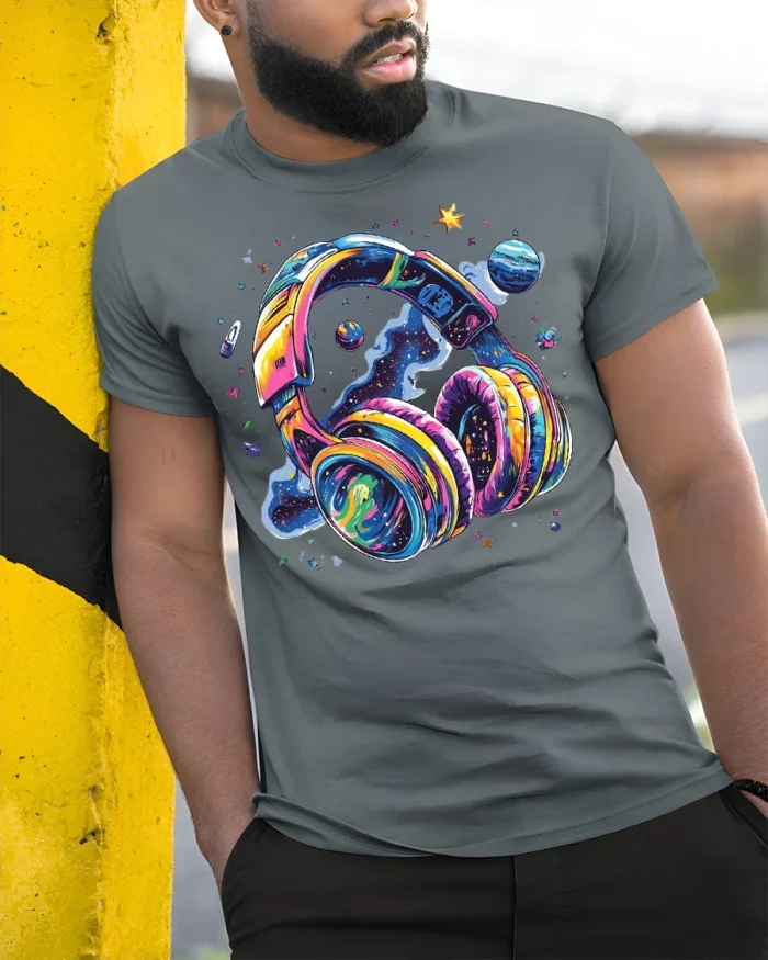 Galaxy Headphones T-Shirt Space Music Vibes Tee - model in grey shirt leaning against column