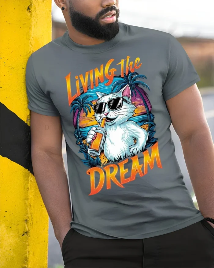 Living The Dream Cat T-Shirt Cool Beach Vibes Tee - model in grey shirt leaning against column