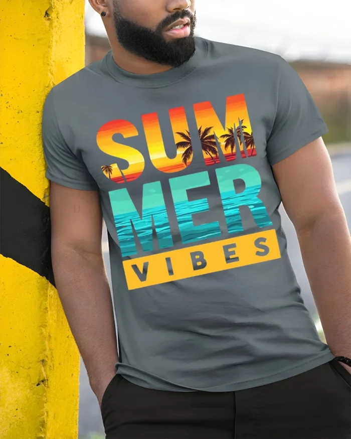 Summer Vibes Beach Sunset T-Shirt Bold Tropical Tee - model in grey shirt leaning against column