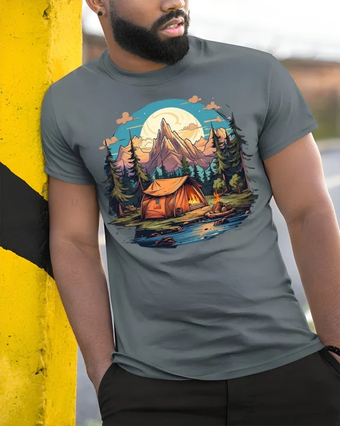 Mountain Camping Adventure T-Shirt Outdoor Nature Tee - model in grey shirt leaning against column