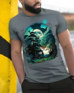 Fantasy Forest Cabin T-Shirt Mystical Moonlight Tee - model in grey shirt leaning against column