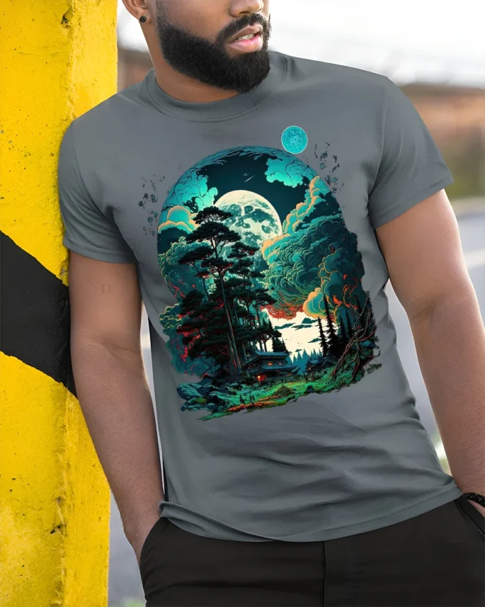 Fantasy Forest Cabin T-Shirt Mystical Moonlight Tee - model in grey shirt leaning against column