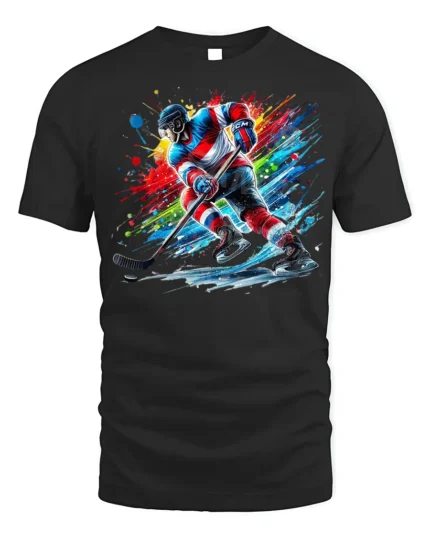 Ice Hockey Splash Art T-Shirt Cool Sports Cotton Tee - black t-shirt on white background