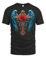 Gothic Rose Cross T-Shirt with Wings Spiritual Tee - black t-shirt on white background