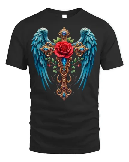 Gothic Rose Cross T-Shirt with Wings Spiritual Tee - black t-shirt on white background