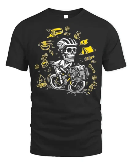Skull Biker Camping T-Shirt Adventure Cycling - black t-shirt on white background