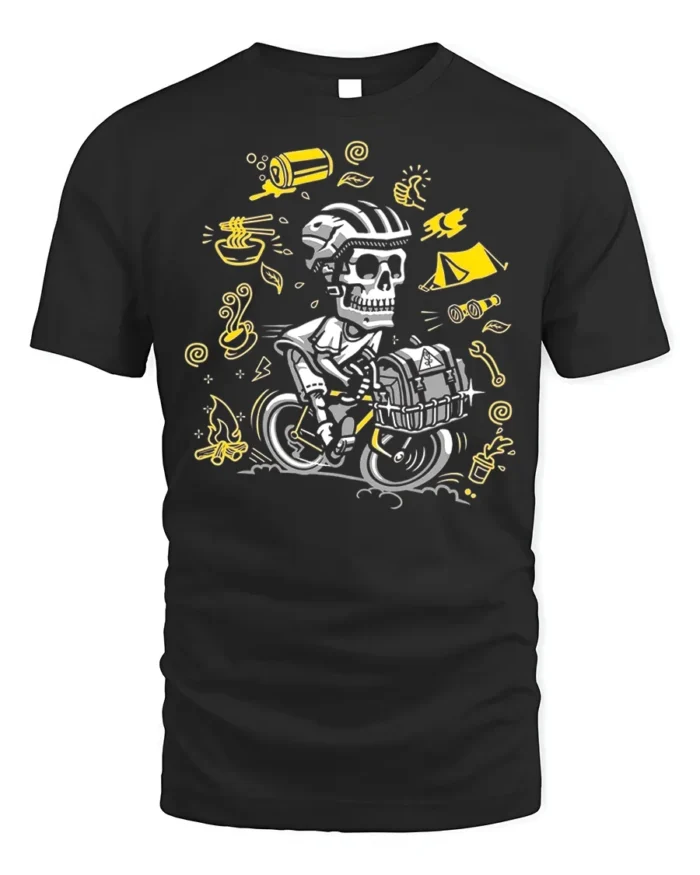 Skull Biker Camping T-Shirt Adventure Cycling - black t-shirt on white background