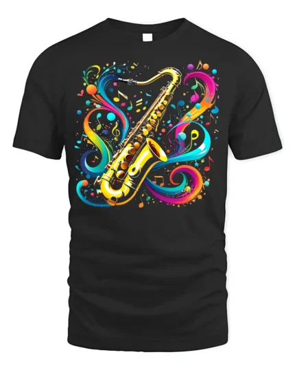 Colorful Saxophone Music T-Shirt Artistic Jazz - black t-shirt on white background