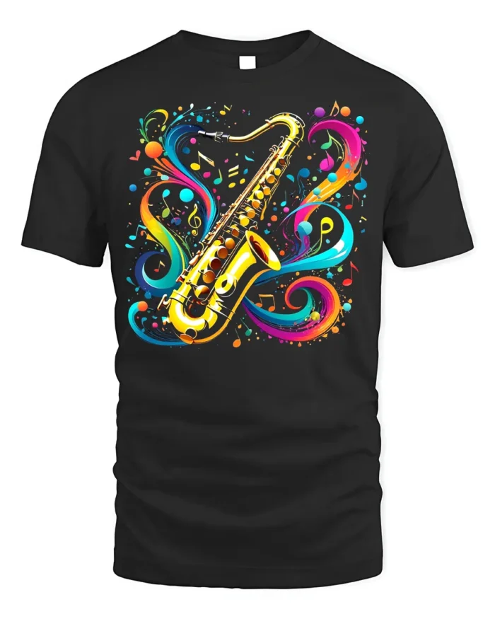 Colorful Saxophone Music T-Shirt Artistic Jazz - black t-shirt on white background