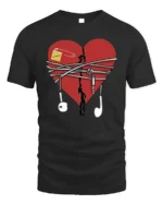 Broken Heart Music T-Shirt with Earphones and Notes - black t-shirt on white background