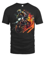 Extreme Dirt Bike Rider T-Shirt with Fire Trail Design - black t-shirt on white background