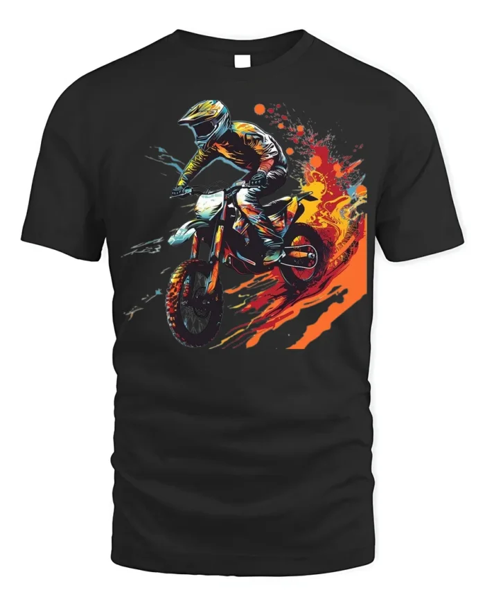 Extreme Dirt Bike Rider T-Shirt with Fire Trail Design - black t-shirt on white background