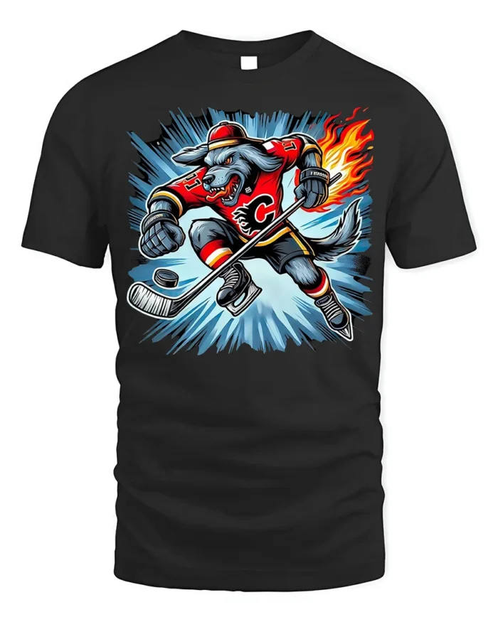 Fire Hockey Wolf T-Shirt Fierce Sports Mascot Tee - black t-shirt on white background