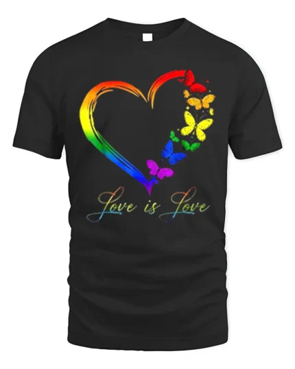 Love is Love Rainbow Heart Pride T-Shirt with Butterflies - black t-shirt on white background