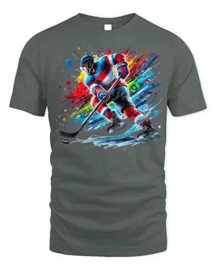 Ice Hockey Splash Art T-Shirt Cool Sports Cotton Tee - gray t-shirt on white background