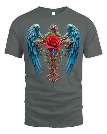 Gothic Rose Cross T-Shirt with Wings Spiritual Tee - gray t-shirt on white background