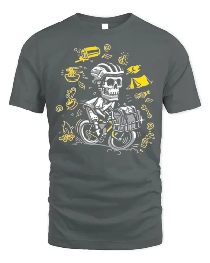 Skull Biker Camping T-Shirt Adventure Cycling - gray t-shirt on white background