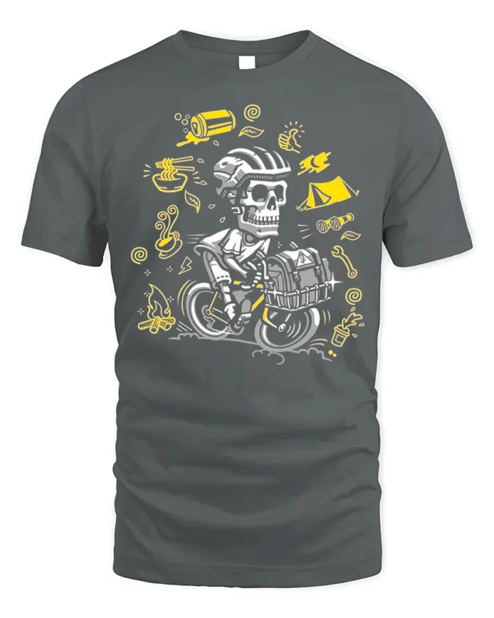 Skull Biker Camping T-Shirt Adventure Cycling - gray t-shirt on white background