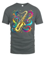 Colorful Saxophone Music T-Shirt Artistic Jazz - gray t-shirt on white background