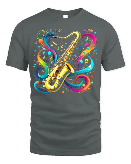 Colorful Saxophone Music T-Shirt Artistic Jazz - gray t-shirt on white background