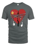 Broken Heart Music T-Shirt with Earphones and Notes - gray t-shirt on white background
