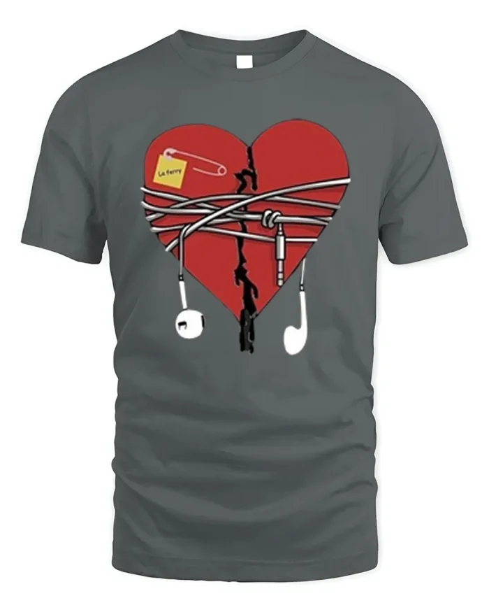 Broken Heart Music T-Shirt with Earphones and Notes - gray t-shirt on white background