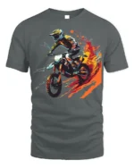 Extreme Dirt Bike Rider T-Shirt with Fire Trail Design - gray t-shirt on white background