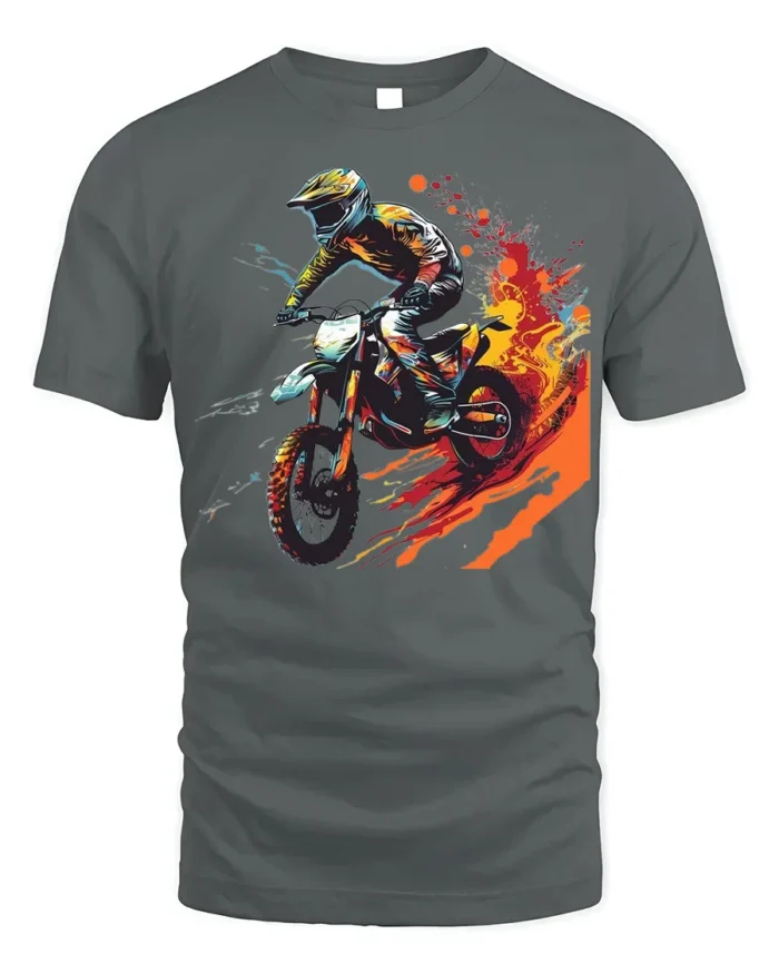 Extreme Dirt Bike Rider T-Shirt with Fire Trail Design - gray t-shirt on white background