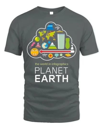 Planet Earth Infographics T-Shirt for Science Lovers - gray t-shirt on white background