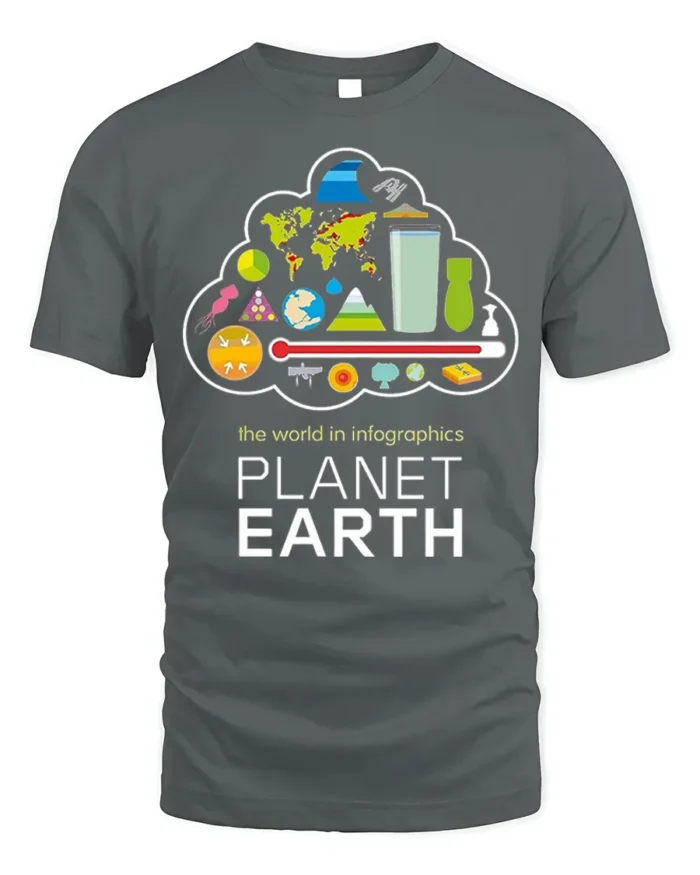 Planet Earth Infographics T-Shirt for Science Lovers - gray t-shirt on white background