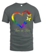 Love is Love Rainbow Heart Pride T-Shirt with Butterflies - gray t-shirt on white background