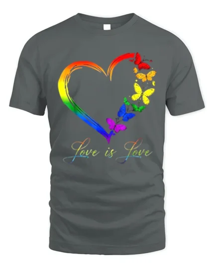 Love is Love Rainbow Heart Pride T-Shirt with Butterflies - gray t-shirt on white background