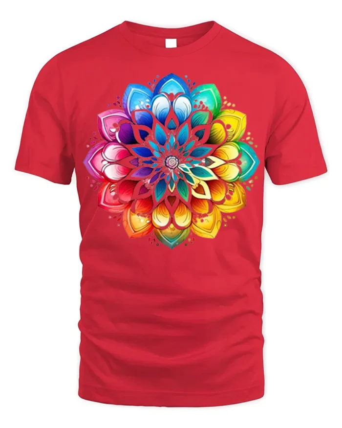 Vibrant Mandala Rainbow Lotus Graphic T-Shirt - red t-shirt on white background
