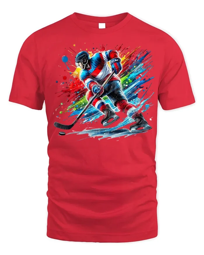 Ice Hockey Splash Art T-Shirt Cool Sports Cotton Tee - red t-shirt on white background