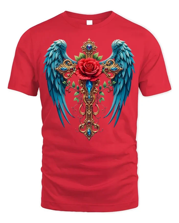 Gothic Rose Cross T-Shirt with Wings Spiritual Tee - red t-shirt on white background