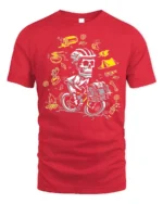 Skull Biker Camping T-Shirt Adventure Cycling - red t-shirt on white background