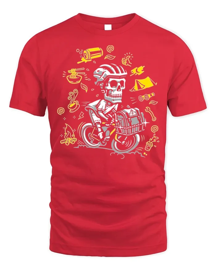 Skull Biker Camping T-Shirt Adventure Cycling - red t-shirt on white background