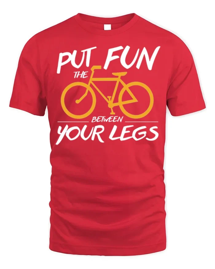 Funny Bicycle Rider Graphic T-Shirt Put Fun Between Legs - red t-shirt on white background