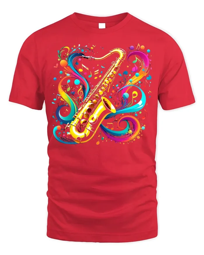 Colorful Saxophone Music T-Shirt Artistic Jazz - red t-shirt on white background
