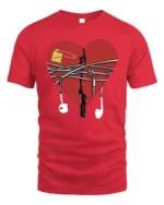 Broken Heart Music T-Shirt with Earphones and Notes - red t-shirt on white background